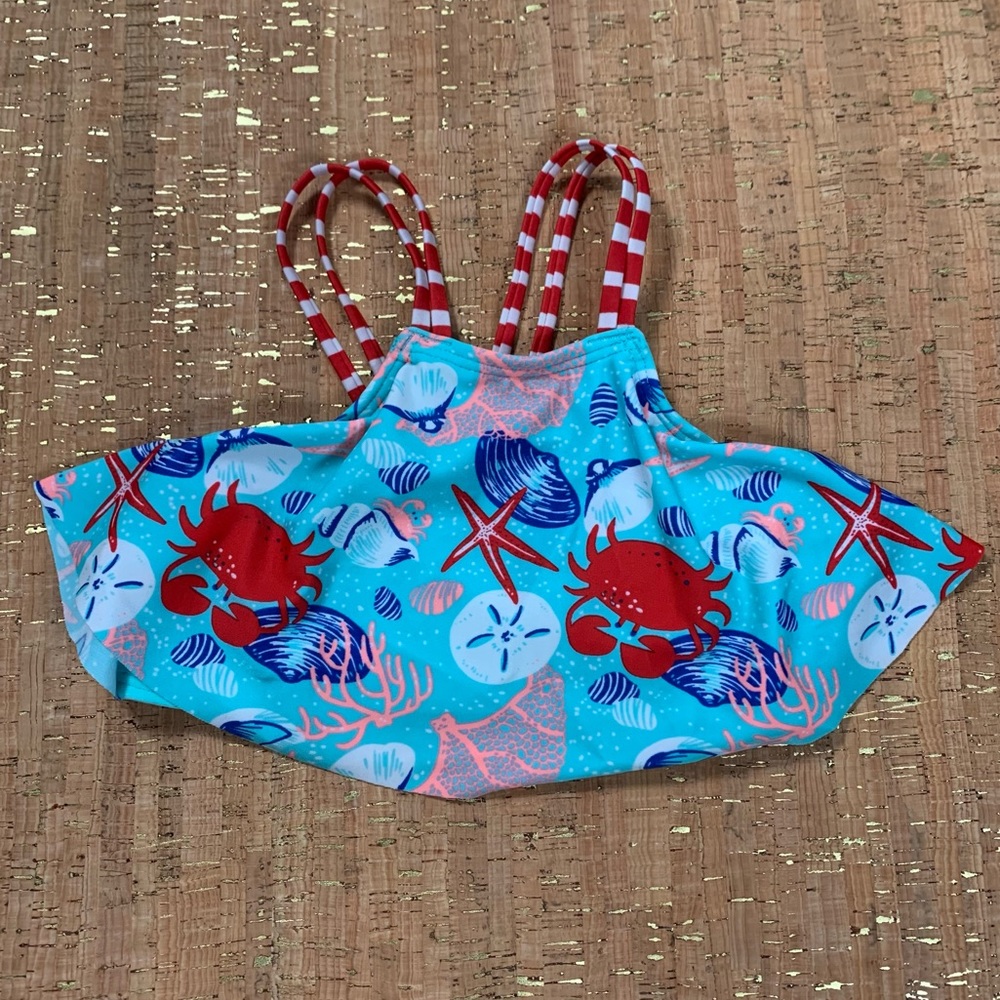 Cat & Jack Flouncy Blue Bikini Top Sea Animal Graphic UPF 50+ Girls SM 6/6X
